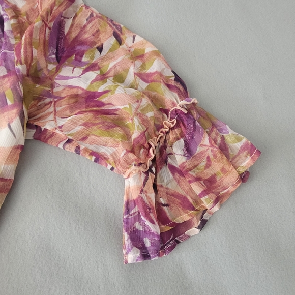 Lucky Brand Botanical Chiffon Blouse Women's Size L Tiered Sleeves & Hem Lined - Picture 5 of 11